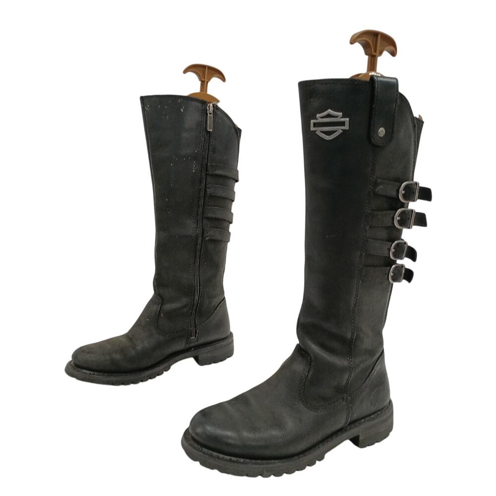 Harley-Davidson Josi 15 Inch Tall Black Leather Moto Boots 7.5 Buckle Biker